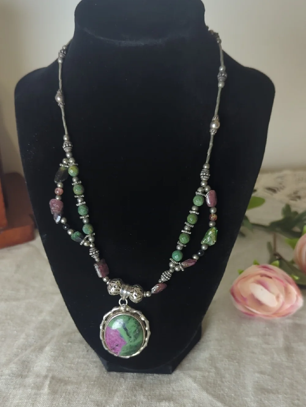 Sterling Silver Ruby Zoisite Statement Necklace, Artisan Gemstone Pendant